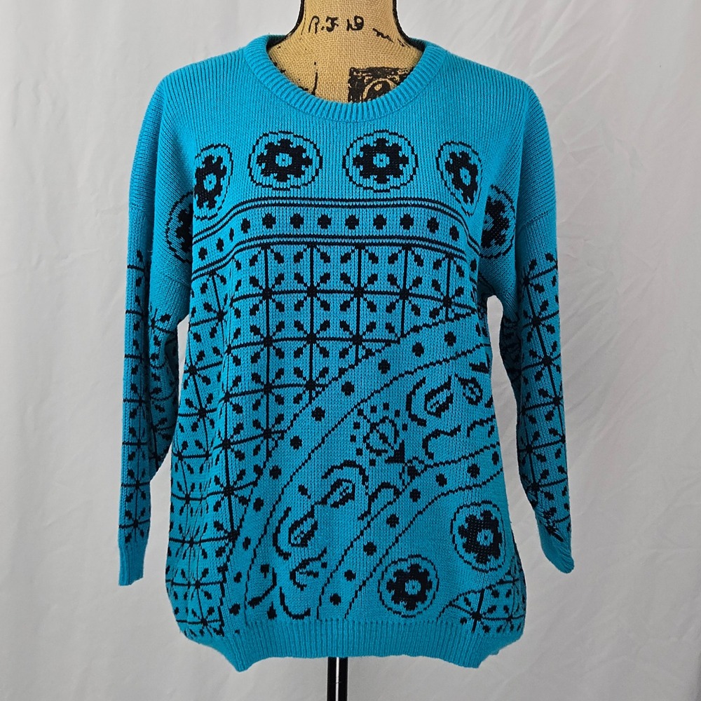 Vintage‎ Penguin Isle Blue Geometric Knit Sweater Made in USA Size M